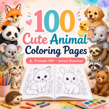 100 Cute Animal Coloring Pages for Kids Printable PDF | Baby Animals Coloring Book | Toddler Preschool Activity | Instant Download A4 PDF
