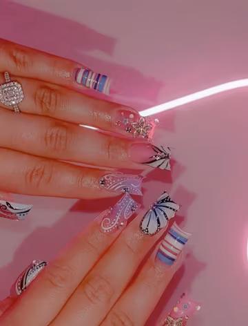 Butterfly Wings Press On Nails Pink Blue Stripe With 3D Gold Star Charms And Rhinestones Custom Handmade Fake Nails Kawaii Y2K Fairycore Art