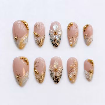 Celestial 3D Flower Press On Nails Gold Star Moon False Nails Leopard Print Pearl Chrome Art Handmade Glue On Reusable Fake Nails Set