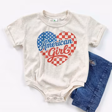 American Girl Baby Romper, Retro American Flag Shirt, USA Tee, 4th of July Toddler Girl Shirt, Patriotic Graphic Shirt, Fourth of July Gift