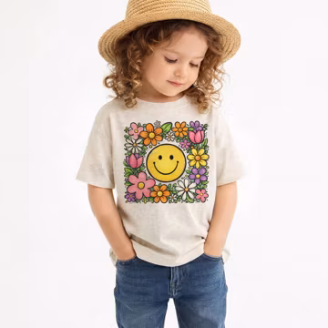 Girls Retro Happy Face Shirt, Girly Happy Face Vacation Tee - Toddler Shirt - Cute Retro Girls Summer Shirt - Oatmeal Spring Toddler Tee