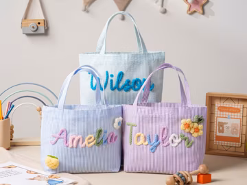 Personalized Seersucker Kids Crochet Tote Handbag, Summer Travel Bag