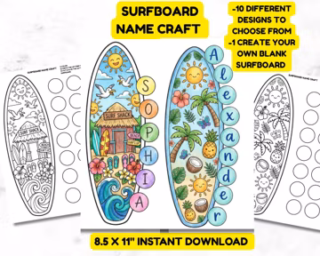 Surfboard Name Craft Coloring Page Summer Activity for Kids Printable Name Craft Worksheet Beach Theme Classroom Activity