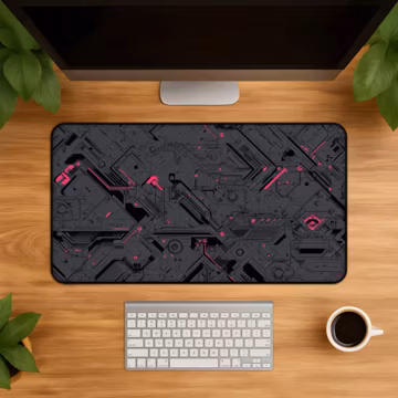 Dark Cyberpunk Circuit Desk Mat, Futuristic Tech Geometry Mousepad, Pink Neon Panel Desk Pad, Sci Fi Mouse Pad Gift for Gaming Setup