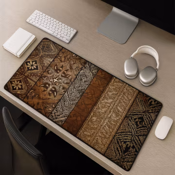 Samoan tapa cloth desk mat - Polynesian tribal pattern mousepad large brown geometric floral design island inspired gift for gamers office