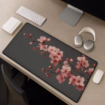Cherry Blossom Desk Mat, Sakura Mousepad, Japanese Floral Desk Pad with Pink Branch Flowers on Charcoal Gray Sumi Style Keyboard Mat