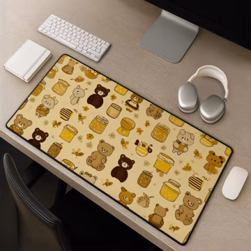 Kawaii Honey Bear Desk Mat, Cute Bee Mousepad, Yellow Beehive Desk Pad, Sweet Honey Jar Keyboard Mat for Cozy Setup Gift, Soft Gold Bear Art