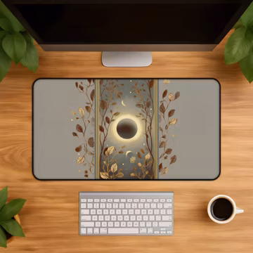 Celestial Eclipse Desk Mat, Mystic Tarot Mousepad With Gold Moon, Sunburst, Stars, Sage Vines and Botanical Boho Aesthetic Artwork