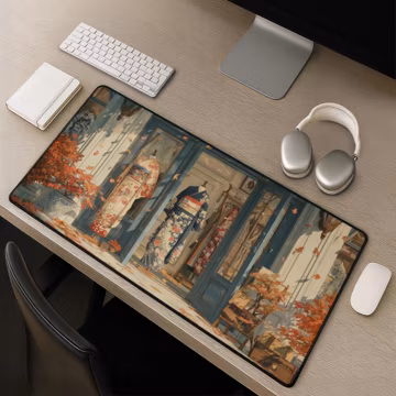 Anime Kimono Boutique Desk Mat, Vintage Japanese Mousepad, Floral Robe Mannequins, Autumn Leaves Fashion Shop Mouse Pad Artwork