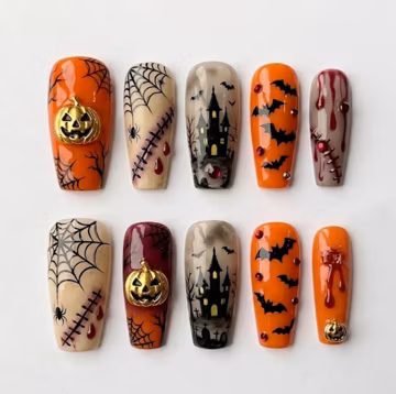 Handmade Halloween Press On Nails, Haunted House and Gold Pumpkin Set, Bloody Drips & Bat Accents, Spooky Horror Movie Nails