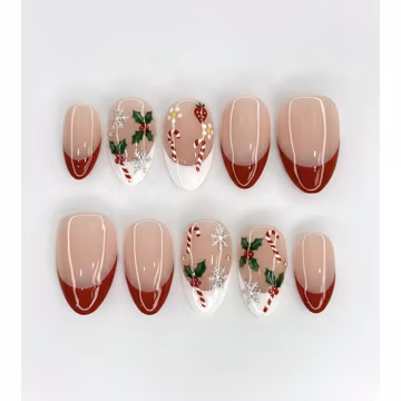 Christmas Press On Nails: Candy Canes, Holly Leaves, Red French Tips & Glitter Snowflakes Design