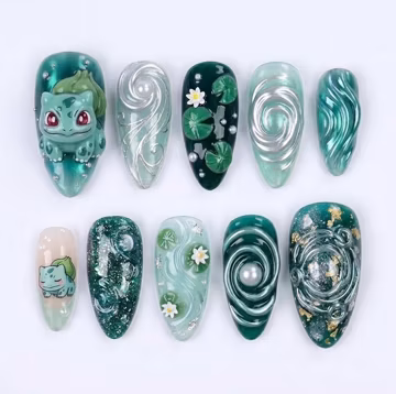 Handmade Green Anime Press On Nails, 3D Bulba.saur Nail Set, Lotus Flower & Pearl Accents, Nails For Cute Gaming Vibes
