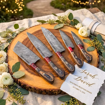 Custom Engraved 5PCS Damascus Chef Knife Set, Personalized Hand Forged Full Tang Kitchen Knives, Leather Roll Bag, Groomsmen Gift, Chef Gift