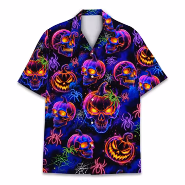 Cute Halloween Hawaiian Shirt for Men Women, Pumpkin Ghost Bat Aloha Shirt, Raccoon Witch Button Up, Spooky Fall Gift