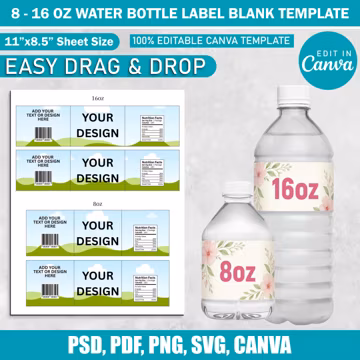 8 & 16 Oz Water Bottle Label Blank Template, DIY Label Template, Canva Editable Water Bottle Sticker Party Favor Water Bottle Label Template