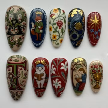 Handmade Medieval Fairytale Nails | Painted Fox, Owl & Royal Ornament Press On