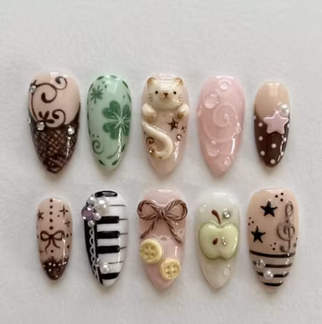 Handmade Press On Nails | Royal Victorian Botanical | 3D Golden Bird, Dragonfly, Embossed Roses & Navy Filigree Set