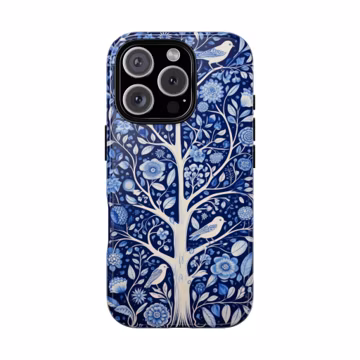 Blue Chinoiserie Phone Case, Blue Tree Flower Bird Aesthetic Case iPhone 16 15 14 13Pro Max Plus Samsung Galaxy