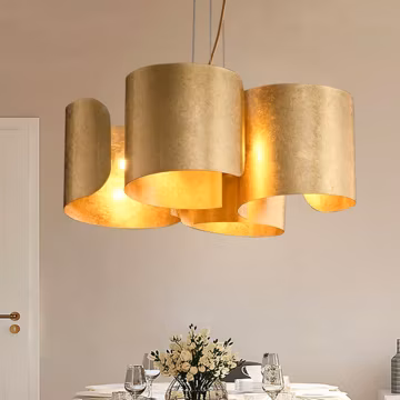 Gold Drum Chandelier, Scrolled Shape Pendant Light, Glam Dining Room Fixture