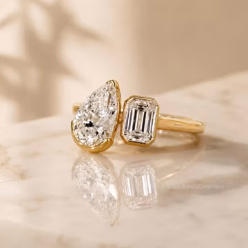 2 CT Pear Diamond & 1.5 CT Emerald Cut Bezel Moissanite Toi et Moi Engagement Ring |Solid Gold Promise Ring | Bridal Ring | Anniversary Gift