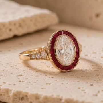 2 CT Oval Moissanite Engagement Ring | Ruby Halo Vintage Statement Ring
