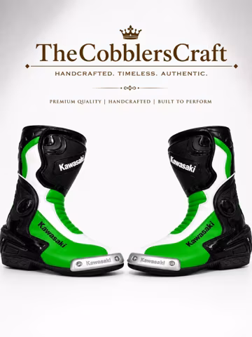 Kawasaki Motorcycle Racing Boots, Handmade Genuine Leather CE Protective MotoGP Riding Boots for Men