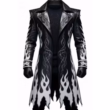 Black Leather Trench Coat with White Flames | Fire Biker Duster Jacket | Matrix Gothic Steampunk Cosplay Outfit | Gift for Him