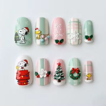 Snoopy Christmas Press On Nails, Pastel Plaid Holiday Nail Set with 3D Charms, Let It Snow Lettering, Winter Holiday Nail Art, Green nails