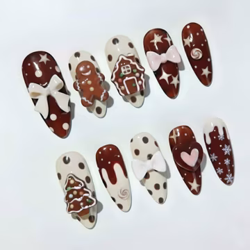 Gingerbread Christmas Press On Nails | Brown & Cream Holiday Nails | Cute 3D Bow, Gingerbread Man, Candy House, Snowflake Nail Set