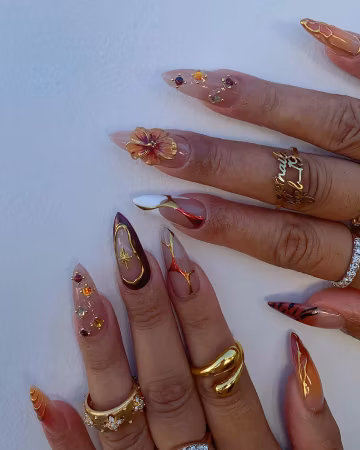 Autumn Press On Nails, Brown & Gold Abstract Nails with Hibiscus Flower, Amber Gems, Red Gradient Tips, Handmade Reusable Nails