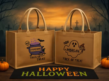Personalised Halloween Trick or Treat Bag, Custom Kids Name Jute Sack, Reusable Spooky Halloween Sweet Bag, Trick or Treat Bag, Spooky Totes