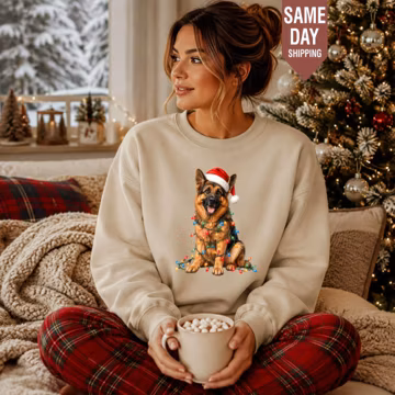 German Shepherd Christmas Sweatshirt, Santa Dog Lights Crewneck, Cute Holiday Dog Sweater, German Shepherd Mom Xmas Gift, Dog Lover Xmas Top