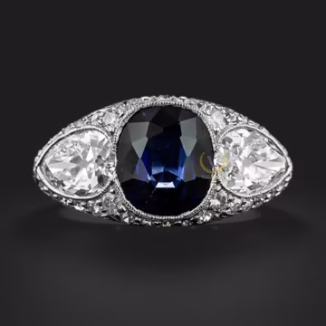 Vintage Blue Sapphire Diamond Ring | Art Deco Trilogy Engagement Ring | Oval Center Gem with Side Diamonds | Antique Style Fine Jewelry