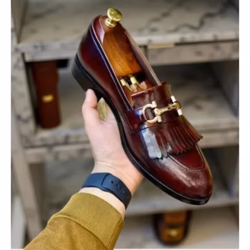 Men’s Handmade Leather Loafer – Burgundy Fringe Moccasin Style