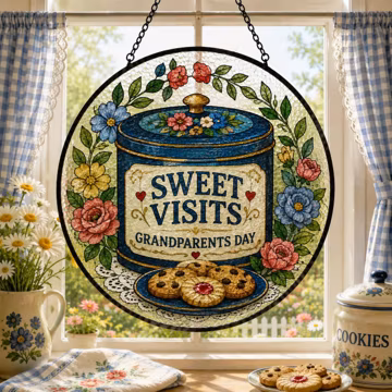 Sweet Visits Suncatcher, Floral Cookie Tin Window Decor, Grandparents Day Gift, Vintage Kitchen Window Decor, Grandparents Day, Grandma Gift