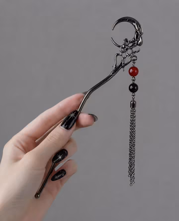 Chinese Crescent Moon Hair Stick with Tassel | Black Metal Hanfu Hairpin | Traditional Oriental Hair Accessory | Qipao Updo Stick | Gift