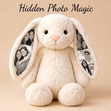 Custom Photo Plush Bunny with Hidden Ear Pictures, Personalized Keepsake Toy