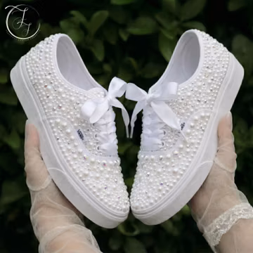 Pearl Rhinestone Bridal Vans Lace-Up Sneakers, White Wedding Shoes with Satin Ribbon Bows
