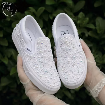 Pearl Rhinestone Bridal Vans Slip-On Sneakers, White Wedding Flats for Bride Reception Shoes