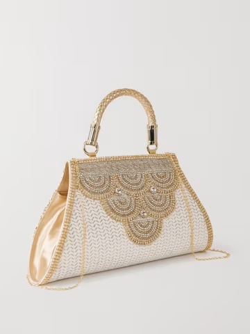 Ivory Wedding Clutch, Gold Beaded Evening Bag, Bridal Handbag, Crystal Embellished Party Purse
