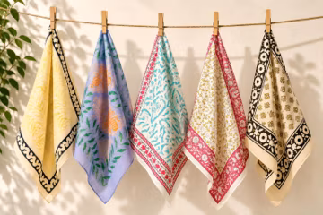 Set of 5 Hand Block Printed Cotton Bandanas, Boho Bandana Set, Floral Bandana Handkerchief, Colorful Cotton Scarf, Hair Scarf, Neck Scarf |