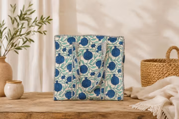 Blue Pomegranate Print Quilted Tote Bag, Handmade Cotton Block Print Shoulder Bag, Reversible Shopping Tote, Floral Everyday Carryall |