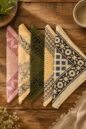 Set of 5 Hand Block Print Cotton Bandanas, Handmade Floral & Geometric Bandana Set, Boho Head Scarf, Western Cowboy Neckerchief |