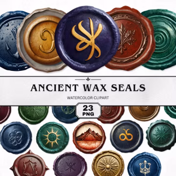 Ancient Wax Seals Clipart Set, Decorative Wax Seal PNGs, Vintage and Retro Sealing Wax Art, Fantasy Letter Stamps for Digital Craft Designs