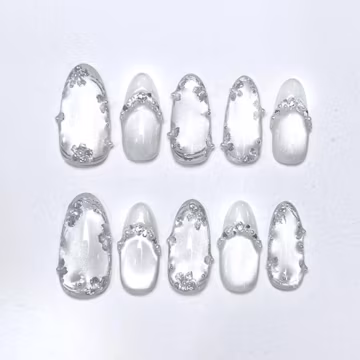 Handmade Luxury White Press On Nails | Chrome Silver Frame & Frosty Glow | Almond Nails For Wedding Or Holiday Glam