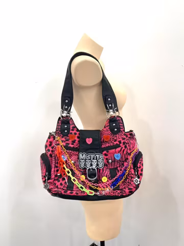 Y2k Punk Leopard Hobo Bag with Rivet Strap, Colorful Chain Decor Large Capacity Purse