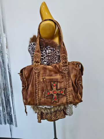 Brown Washed Faux Leather Tote Shoulder Bag Red Rhinestone Cross Decor Braided Strap Gothic Grunge Y2K Punk Crossbody Handbag