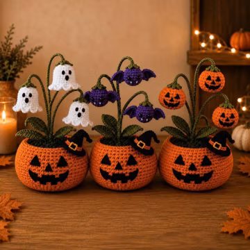 Crochet Halloween Pumpkin Ghost Pot, Spooky Pumpkin Decor, Ghost Flower Pot, Halloween Desk Decor, Handmade Gothic Home Decor,Halloween Gift