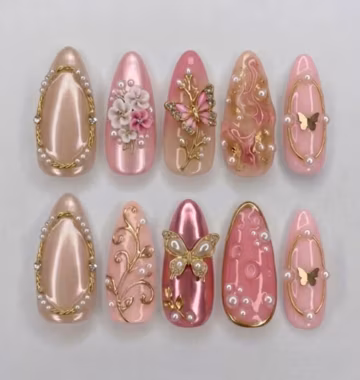 Handmade Pink Butterfly Press On Nails | Pearl Beads, 3D Flower Art, Chrome Gold Swirl, Almond Nails For Coquette Royal Vibe