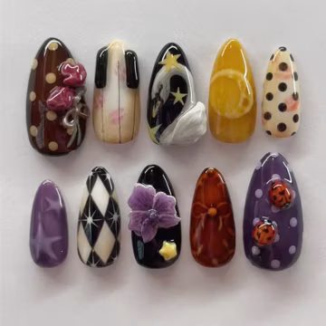 Handmade Retro Whimsical Press On Nails | Mixed Patterns with Flowers, Polka Dots & Stars | Almond Nails For Artistic Vintage Vibe